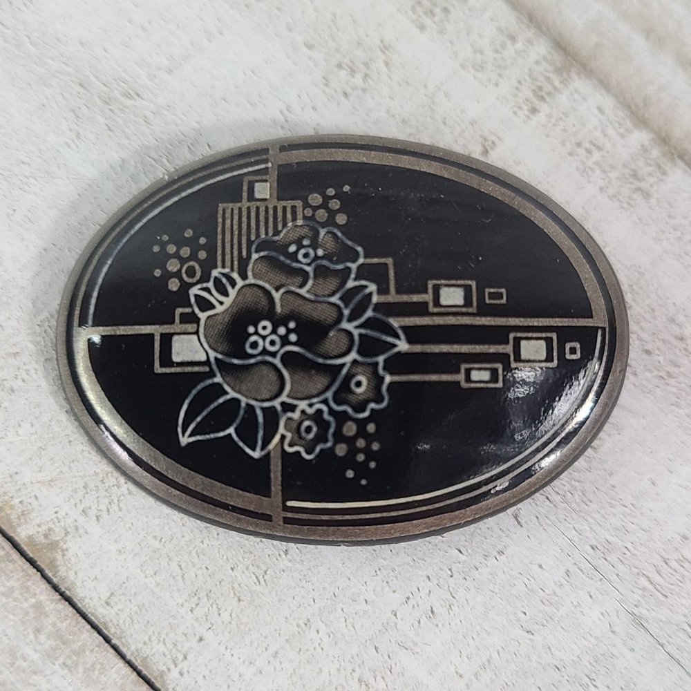 Vintage Michaela Frey Brooch Signed Oval Enamel Black Silver Floral Art Deco